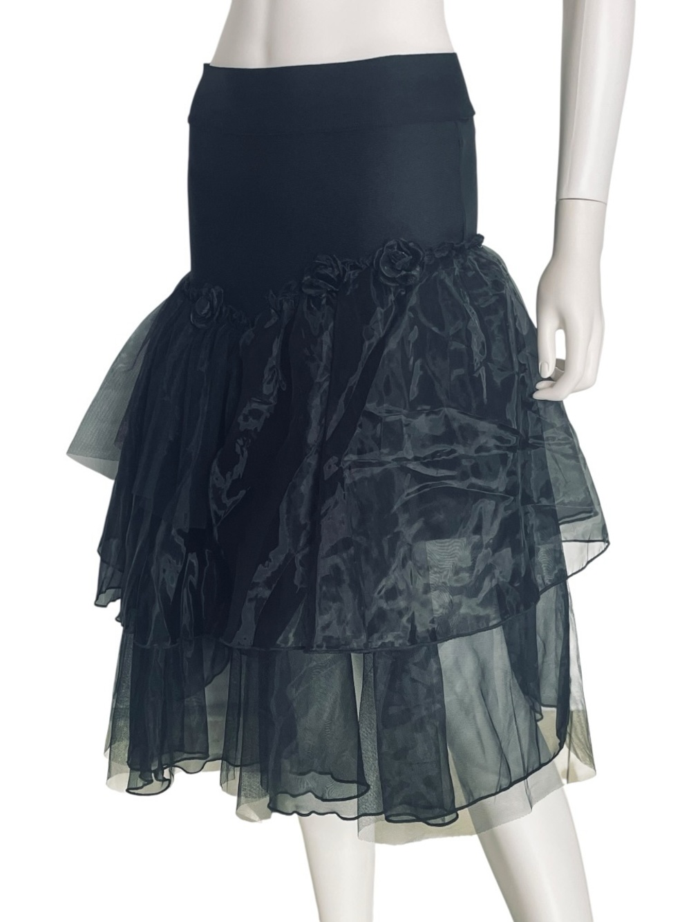 NWT Gracia Black Tiered Ruffle Mesh Skirt Size M Rosette Lined Boho Gothic $104 - Picture 4 of 6
